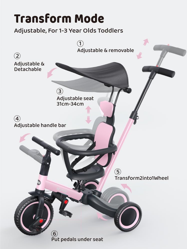 6-in-1 Tricycle for Toddlers 1-3 Y511