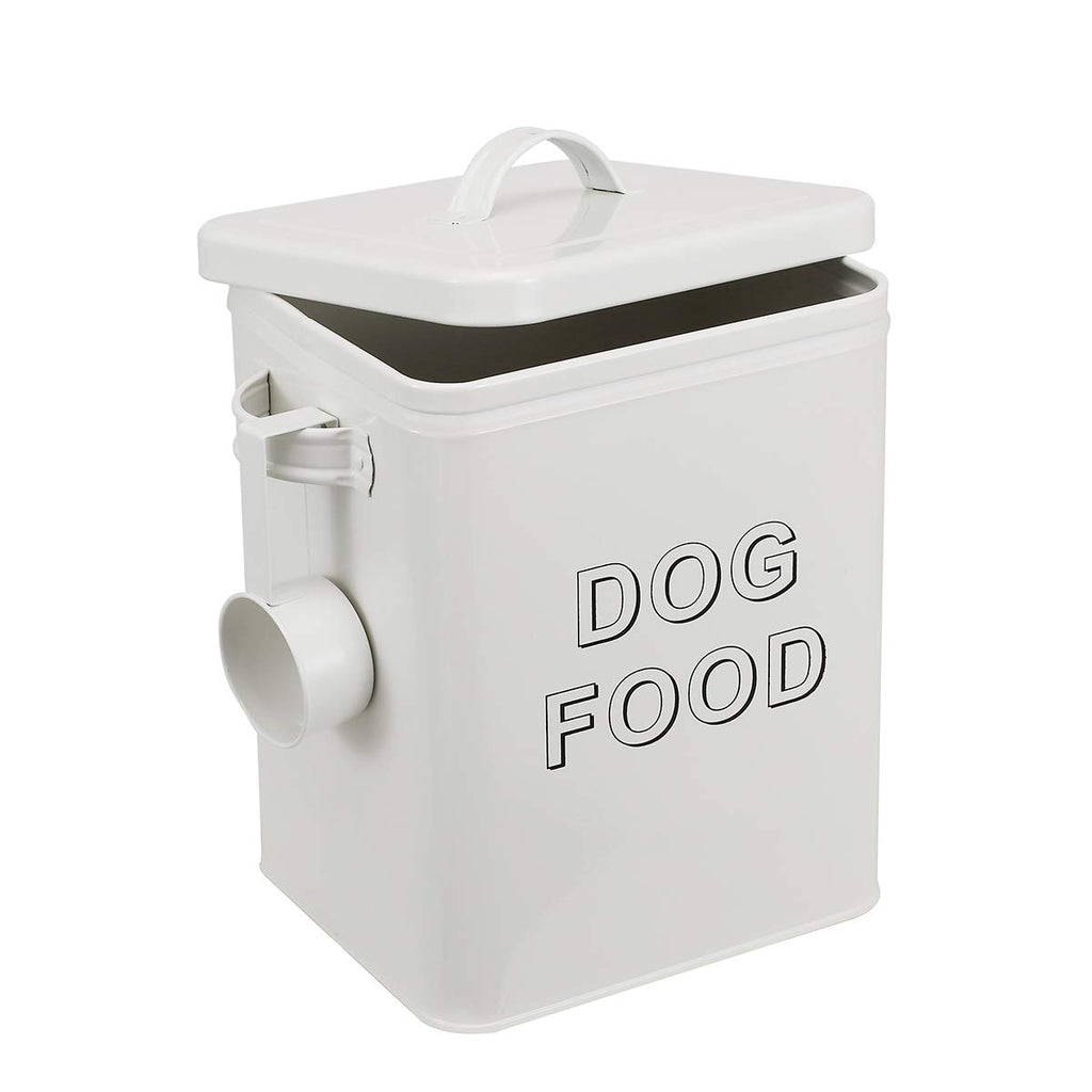 Airtight Dog Treat Container and Food Storage Tin with Lid, Handle, Scoop, 4-5 lbs Capacity, White F279