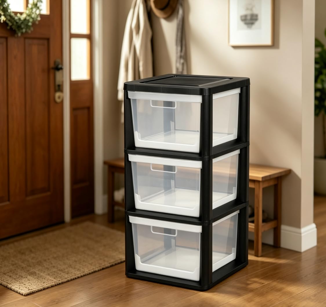 Black 3 Drawer Plastic Storage Tower with Clear Bins B734031