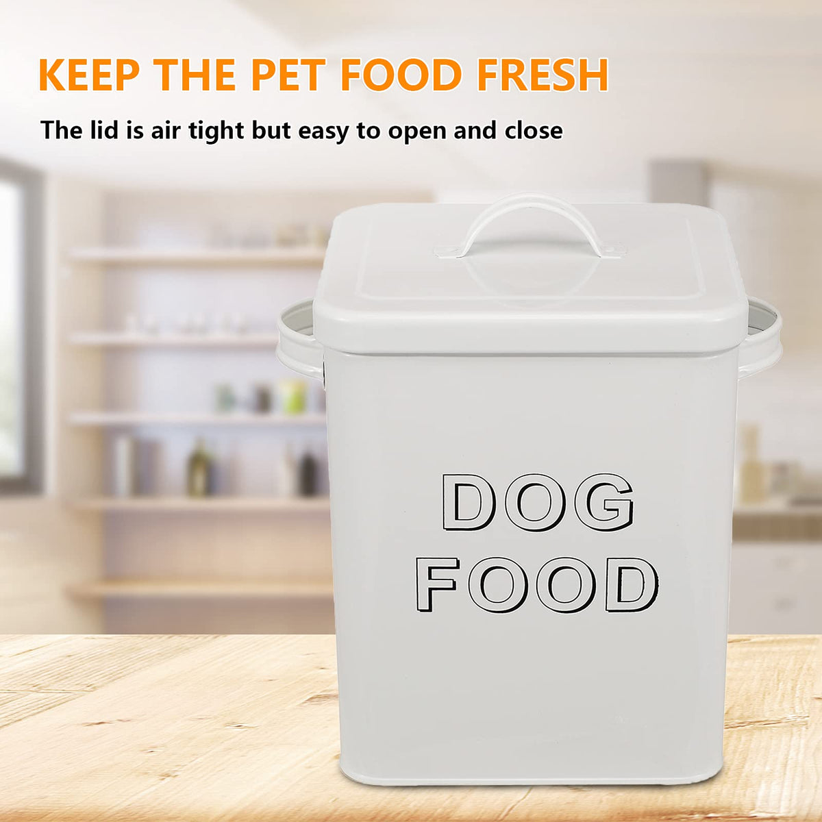 Airtight Dog Treat Container and Food Storage Tin with Lid, Handle, Scoop, 4-5 lbs Capacity, White F279