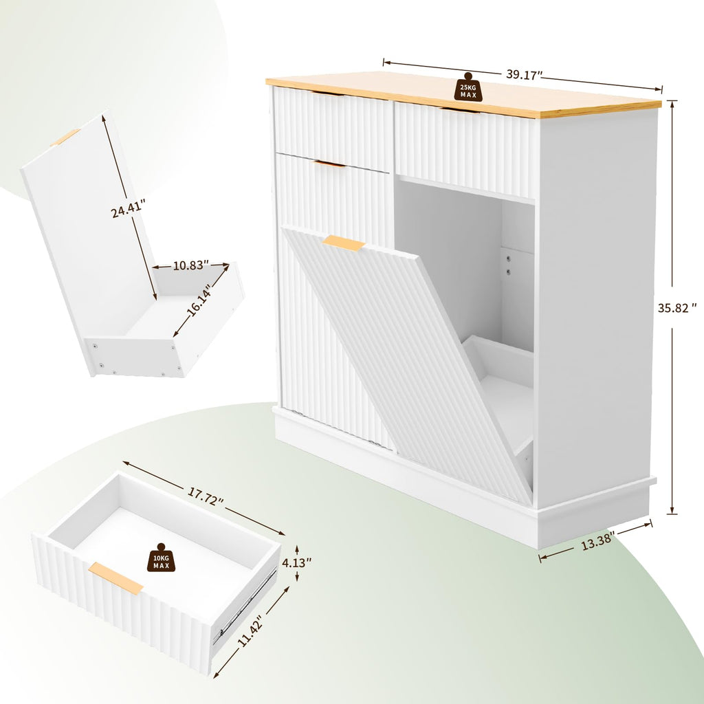 20 Gallon Double Tilt-Out White Trash Can Cabinet with Storage Drawers L53445