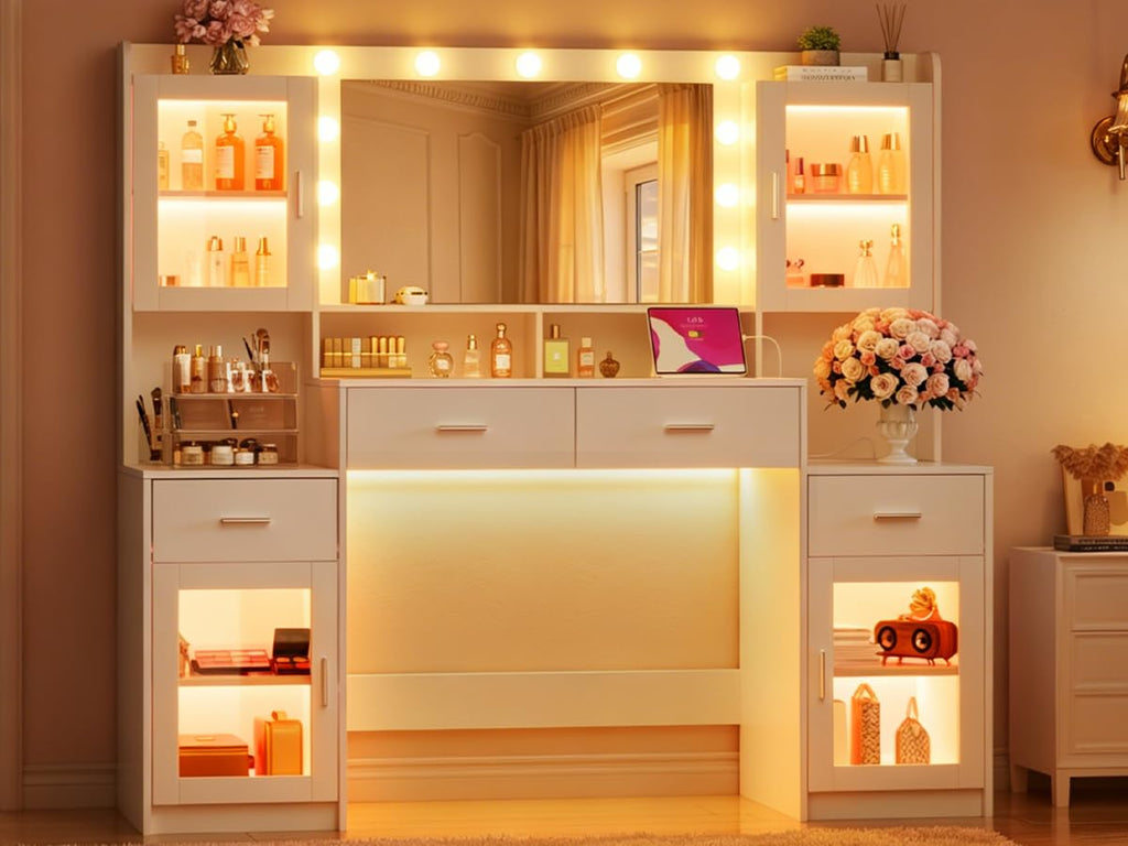 Large White Vanity Desk with Mirror and Lights L27004