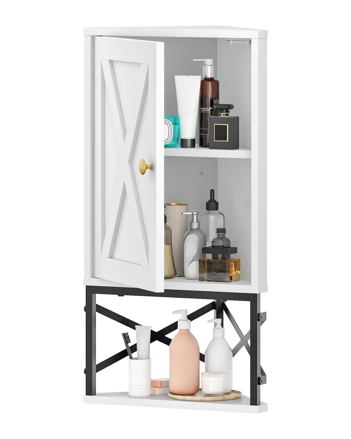 White and Black Corner Wall Cabinet with Adjustable Shelf F838