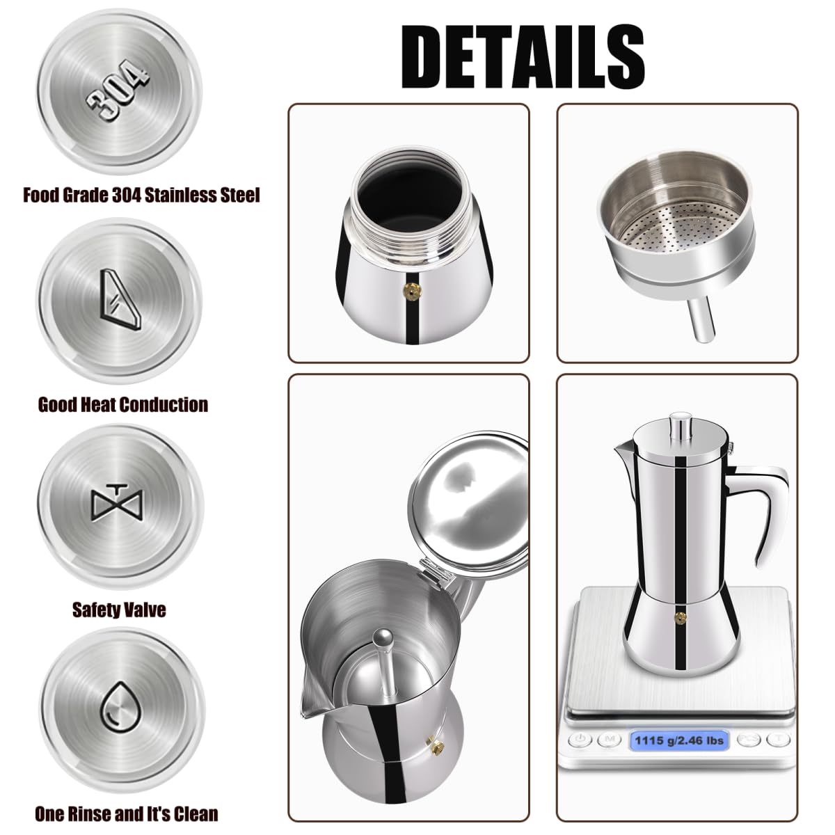 12 Cup 304 Stainless Steel Moka Pot Stovetop Espresso Maker 600ml O70405