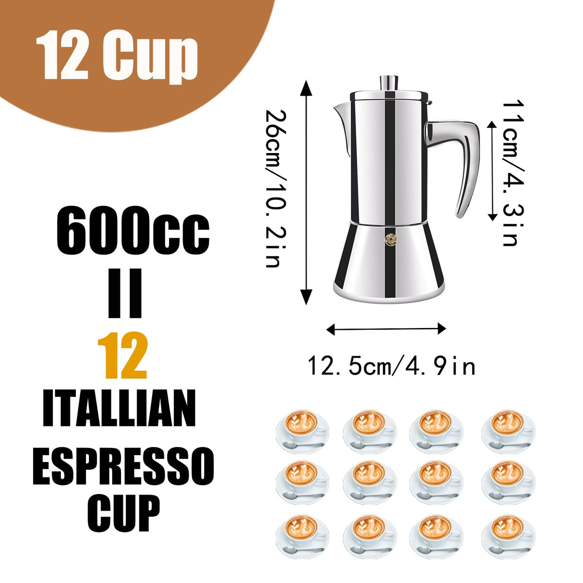 12 Cup 304 Stainless Steel Moka Pot Stovetop Espresso Maker 600ml O70405