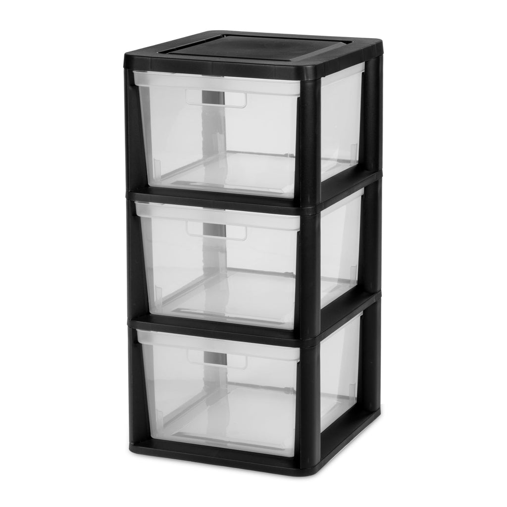 Black 3 Drawer Plastic Storage Tower with Clear Bins B734031