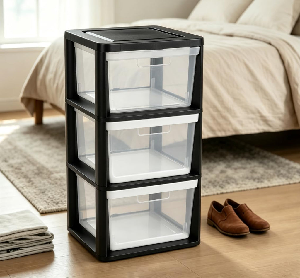 Black 3 Drawer Plastic Storage Tower with Clear Bins B734031