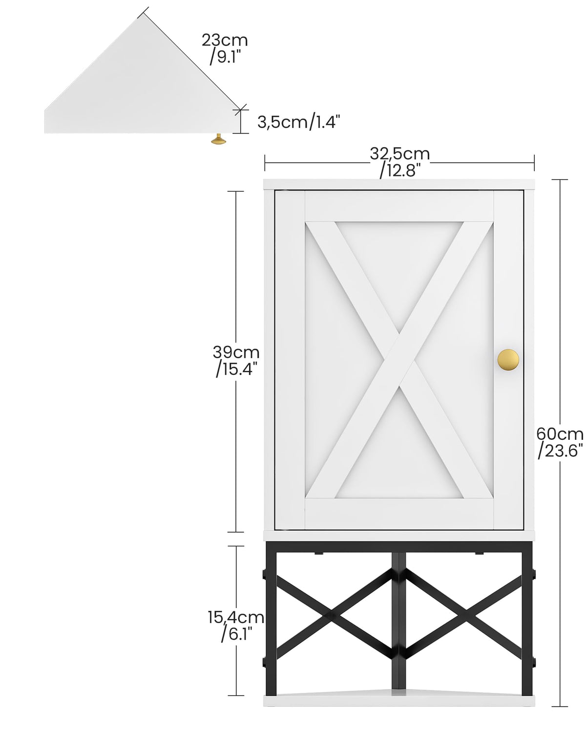 White and Black Corner Wall Cabinet with Adjustable Shelf F838