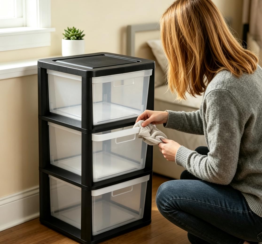 Black 3 Drawer Plastic Storage Tower with Clear Bins B734031