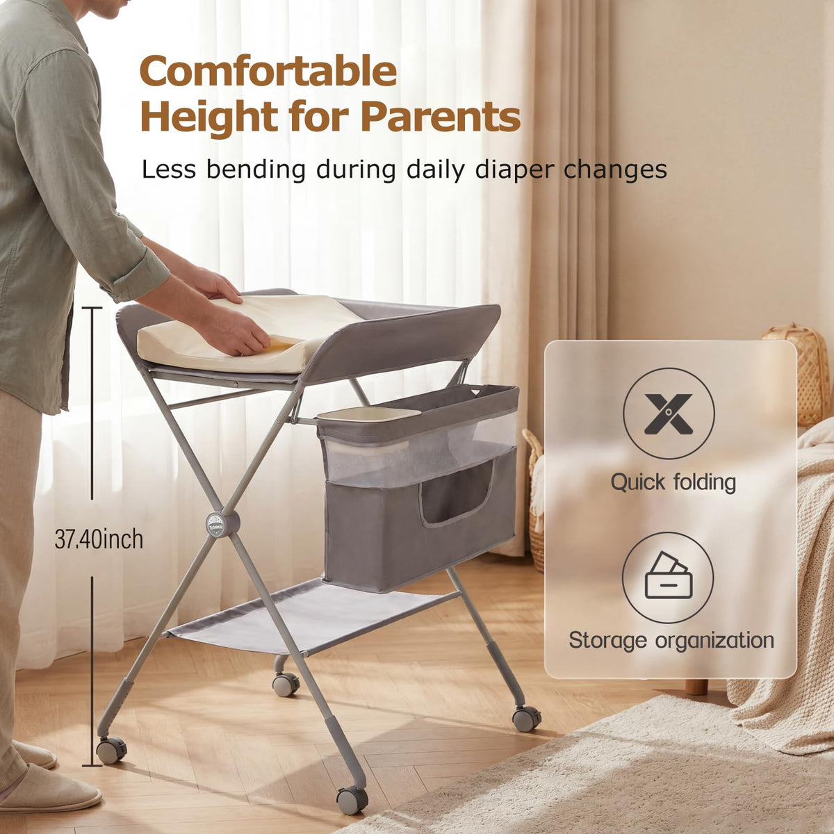 Baby Changing Table with Wheels, Portable Adjustable Folding Diaper Station with Storage E70553
