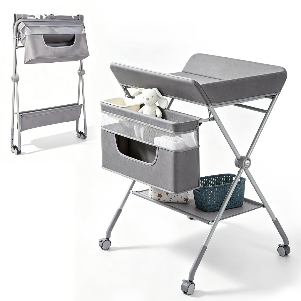 Baby Changing Table with Wheels, Portable Adjustable Folding Diaper Station with Storage E70553
