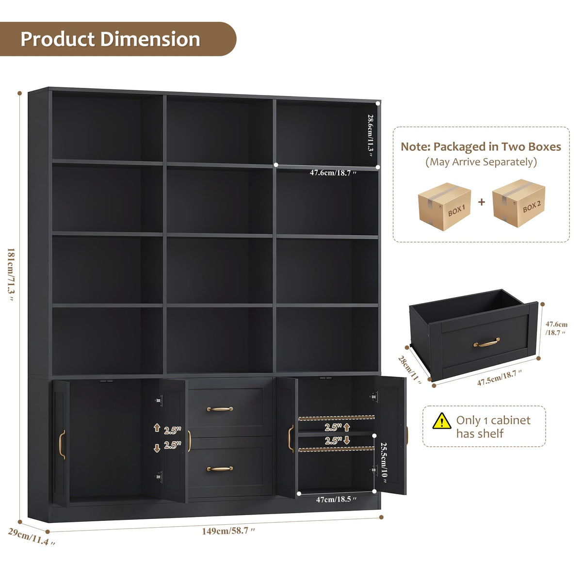 Black Tall Bookshelf with Storage Drawers & Doors E809