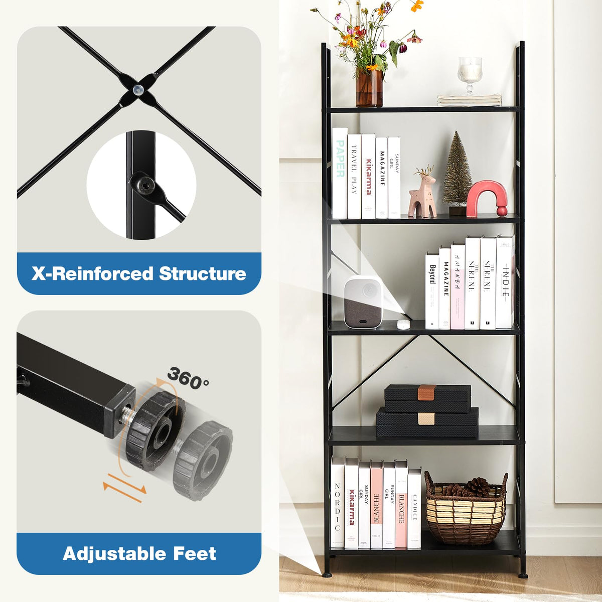 5 Tiers Freestanding Tall Bookshelf F275571