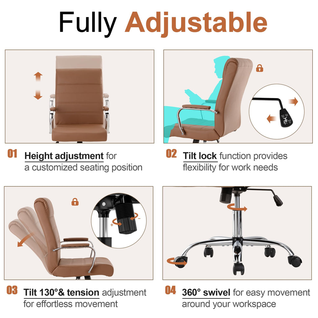 Brown Leather High Back Office Chair with Armrest E8212