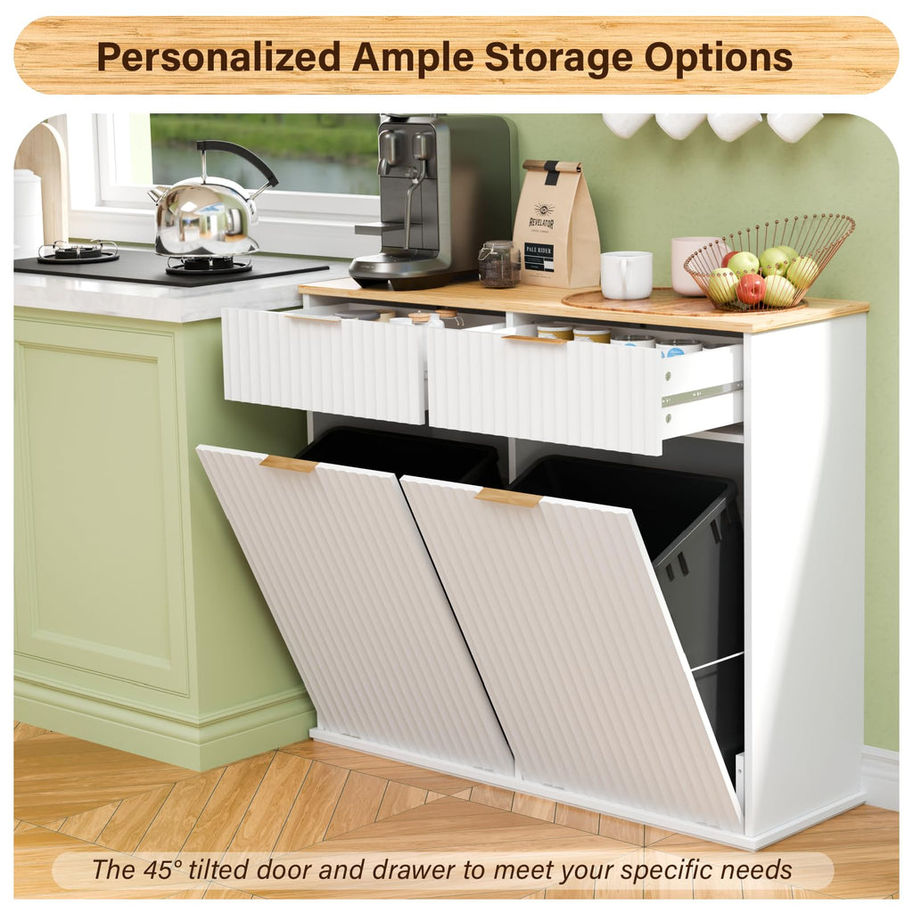 20 Gallon Double Tilt-Out White Trash Can Cabinet with Storage Drawers L53445