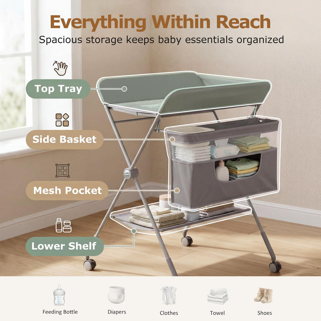 Baby Changing Table with Wheels, Portable Adjustable Folding Diaper Station with Storage E70553