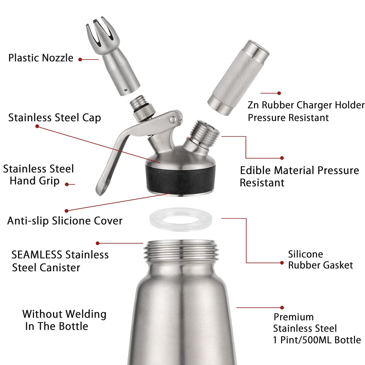 Spare Parts and Accessories for Whipped Cream Dispenser 304 Stainless Steel D495