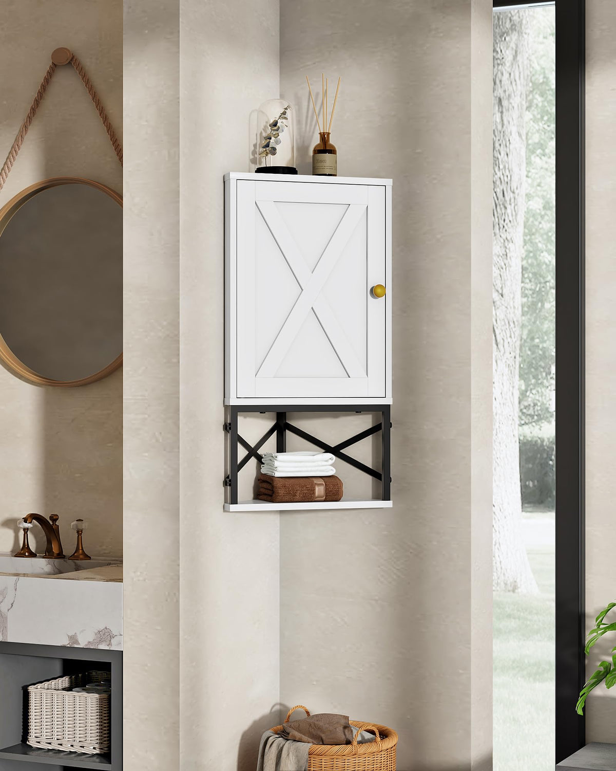 White and Black Corner Wall Cabinet with Adjustable Shelf F838