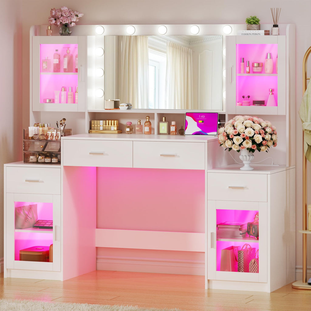 Large White Vanity Desk with Mirror and Lights L27004