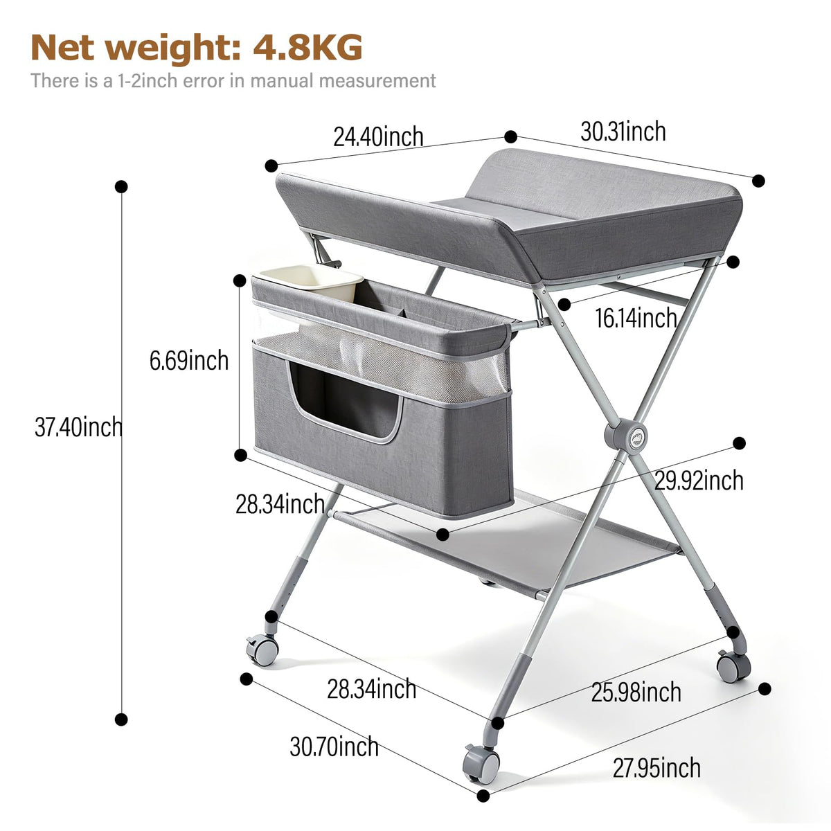 Baby Changing Table with Wheels, Portable Adjustable Folding Diaper Station with Storage E70553
