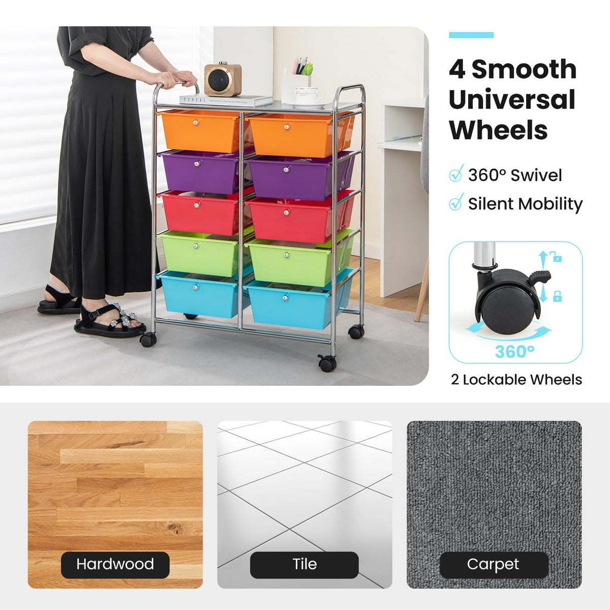 10 Drawer Rolling Storage Cart with Metal Frame S6120