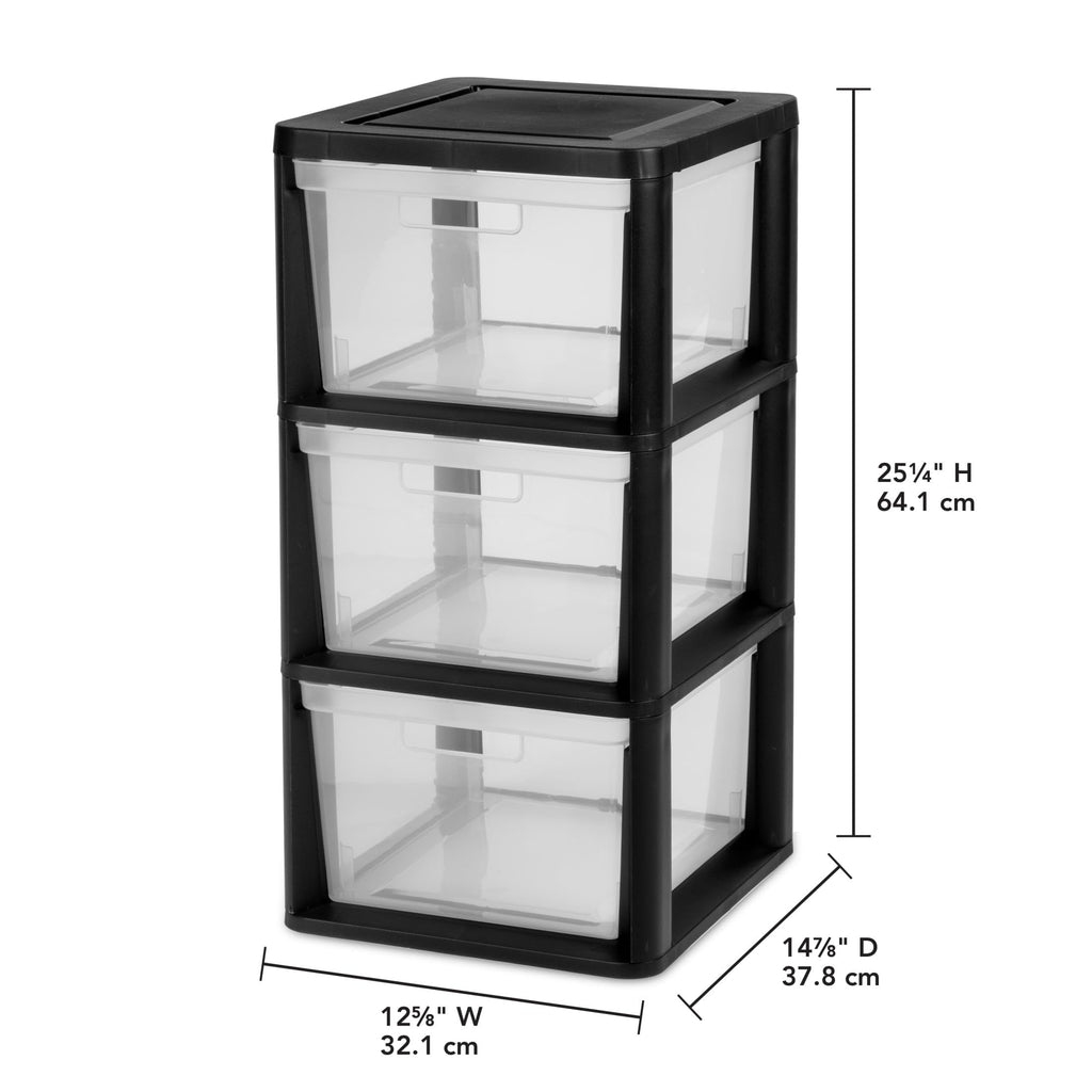 Black 3 Drawer Plastic Storage Tower with Clear Bins B734031