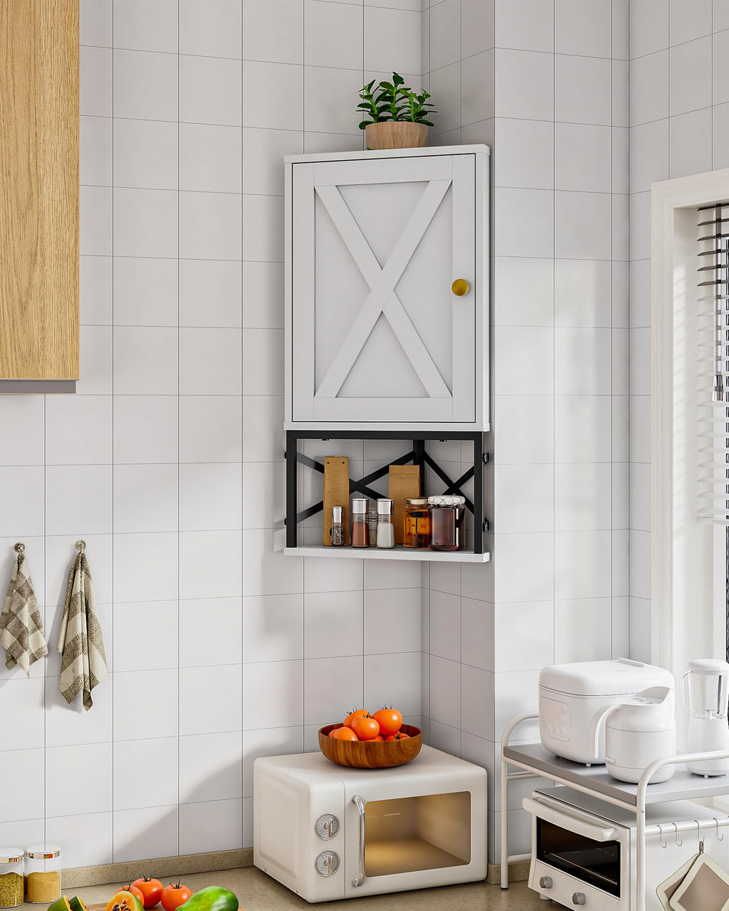 White and Black Corner Wall Cabinet with Adjustable Shelf F838