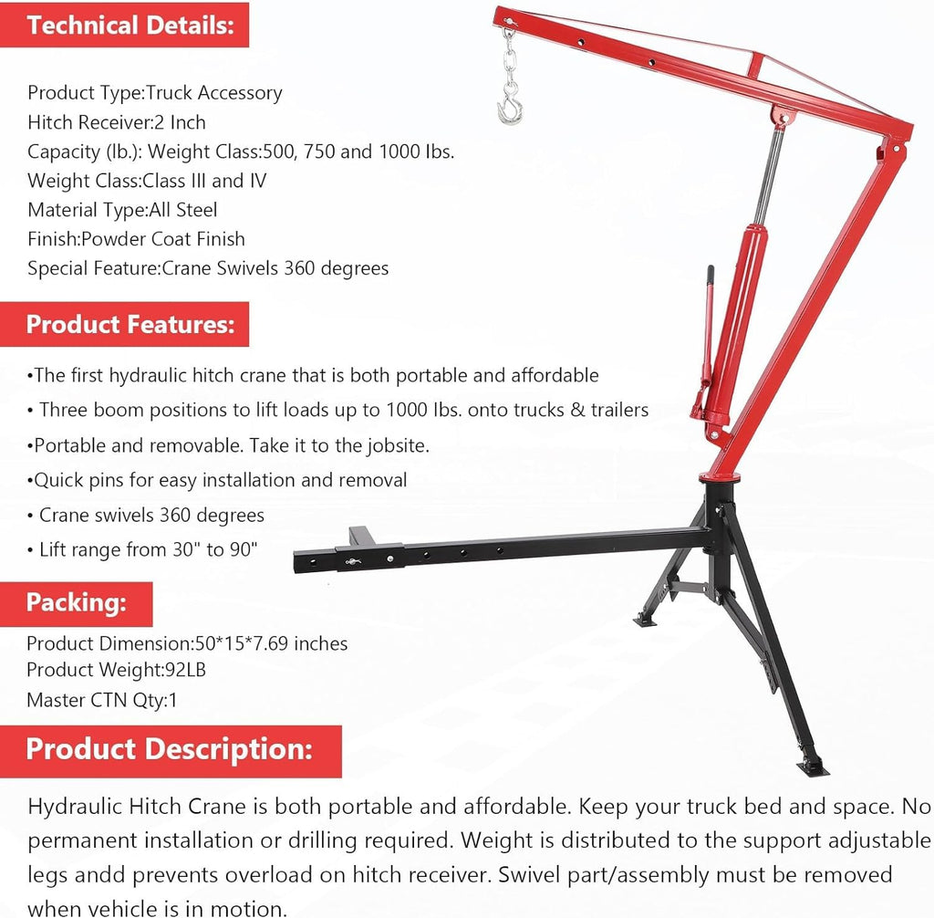 Hydraulic Pickup Truck Crane, 1000 Lbs Capacity, 360° Swivel, Red S772211