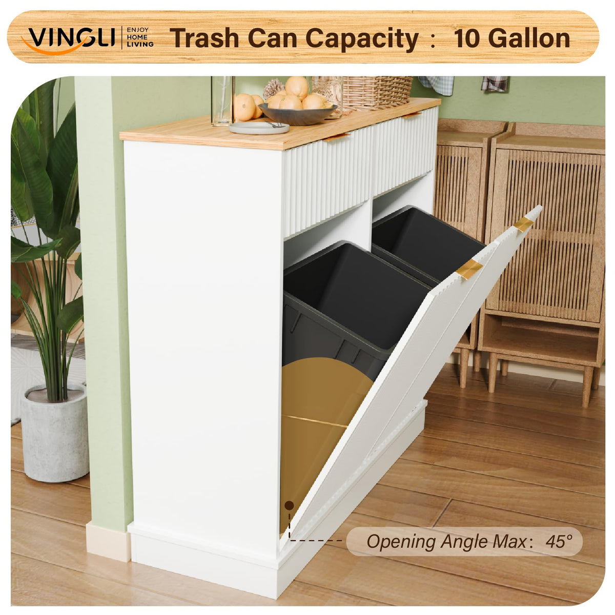 20 Gallon Double Tilt-Out White Trash Can Cabinet with Storage Drawers L53445