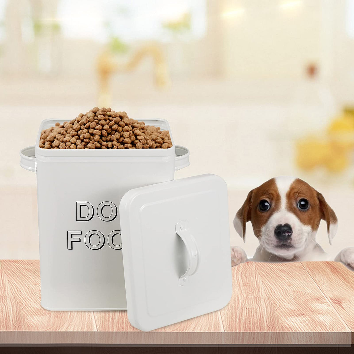 Airtight Dog Treat Container and Food Storage Tin with Lid, Handle, Scoop, 4-5 lbs Capacity, White F279