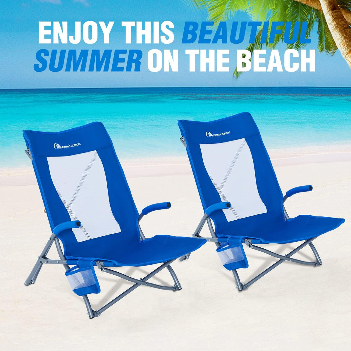2 Pack Low Beach Lounge Chair with Cup Holder & Carry Bag F187050