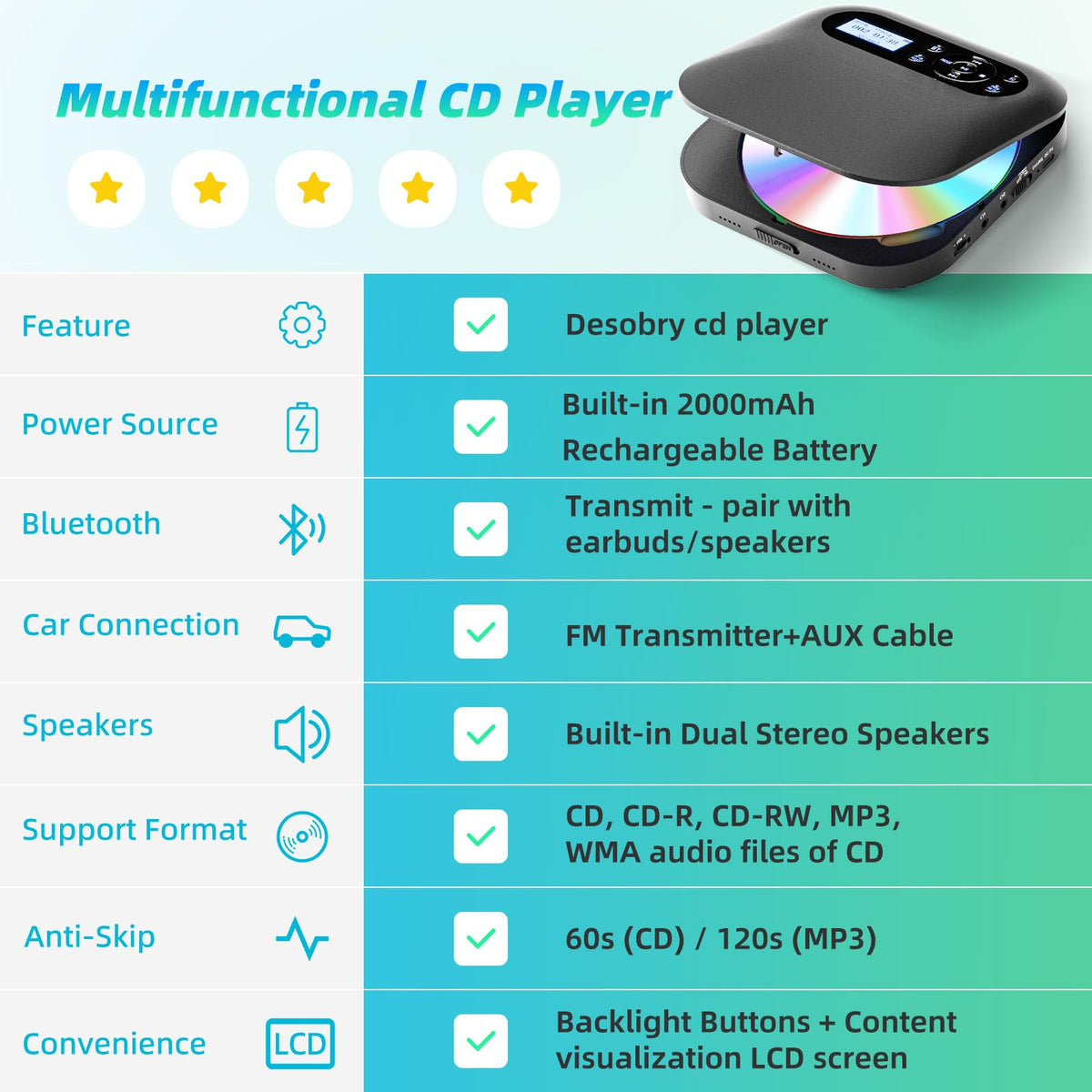 Portable CD Player with Bluetooth V9564