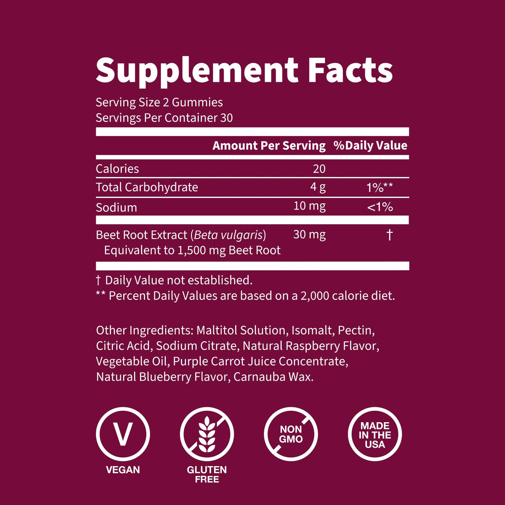Sugar Free 1500 mg Blueberry Flavor Beet Root Gummies, 60 Ct A8342