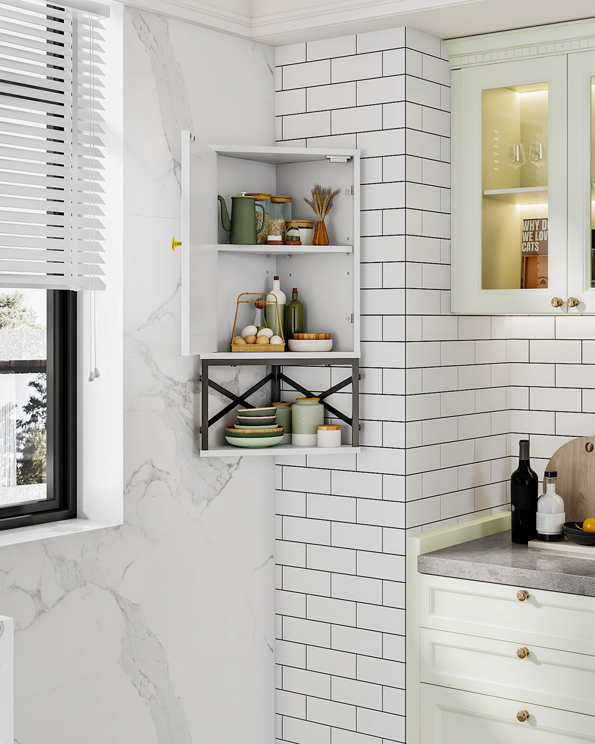 White and Black Corner Wall Cabinet with Adjustable Shelf F838