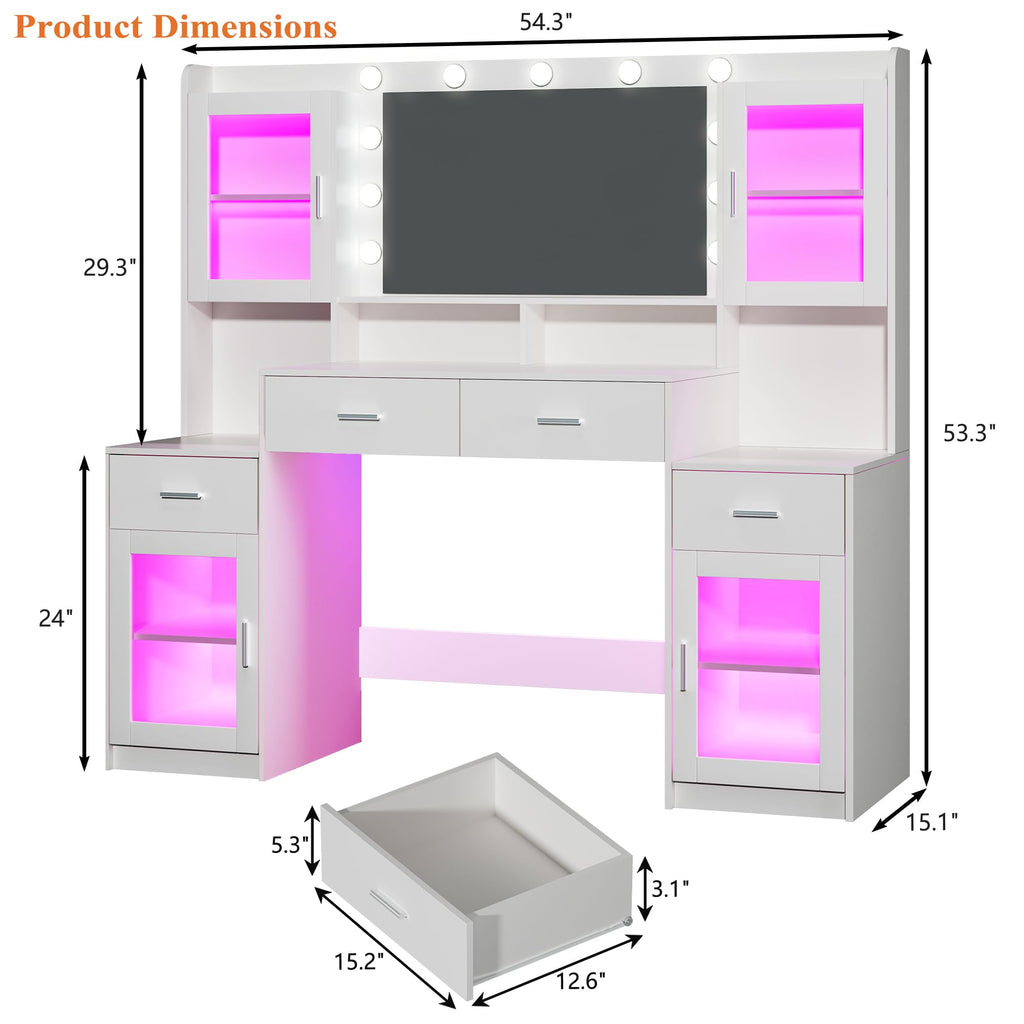 Large White Vanity Desk with Mirror and Lights L27004