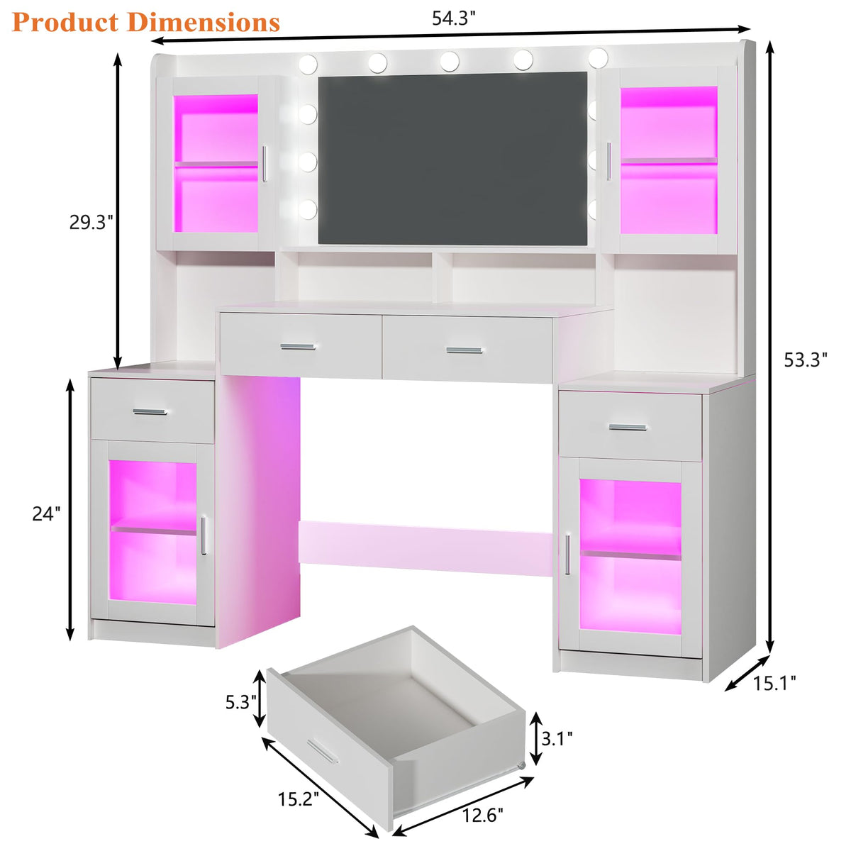 Large White Vanity Desk with Mirror and Lights L27004