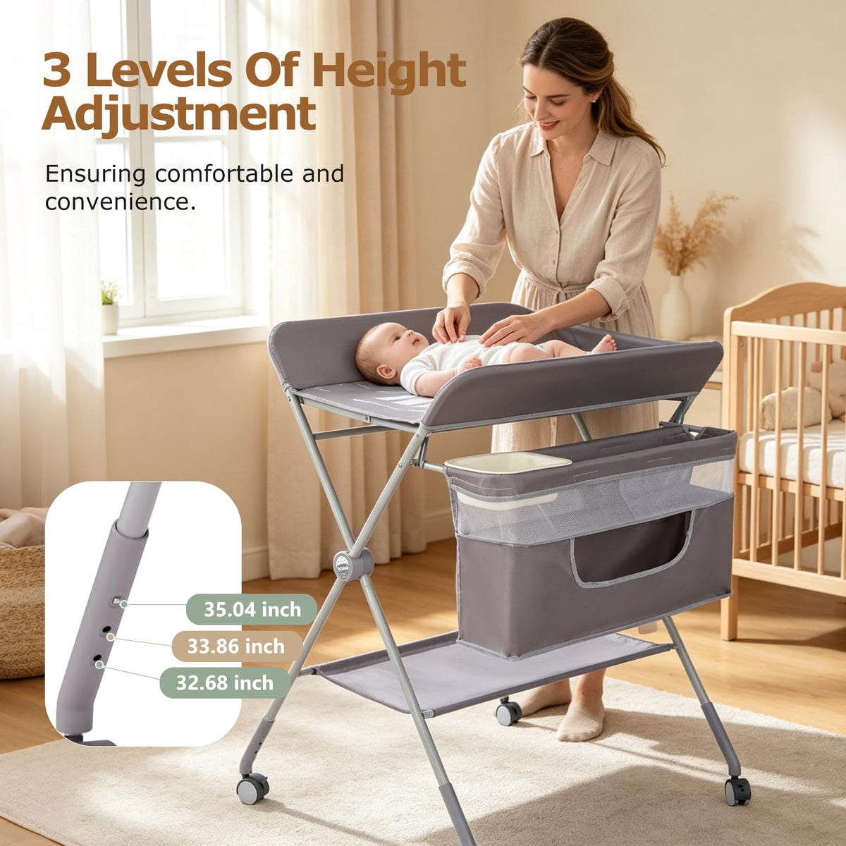 Baby Changing Table with Wheels, Portable Adjustable Folding Diaper Station with Storage E70553