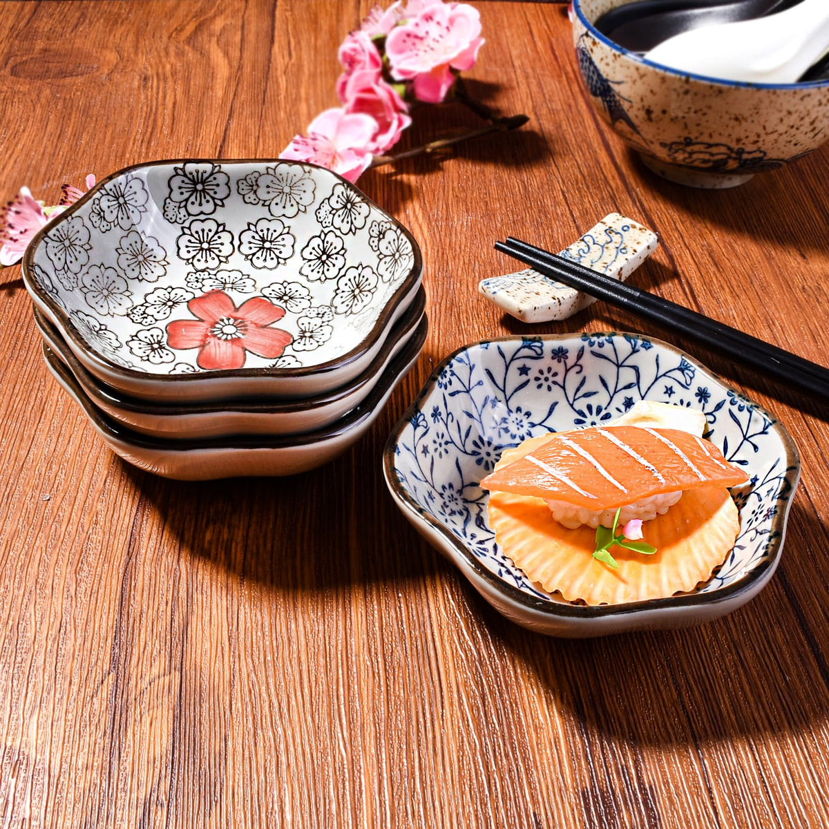 Hand-Painted Floral Ceramic Pinch Bowl Set, 12-Piece Mini Condiment Dishes J403482