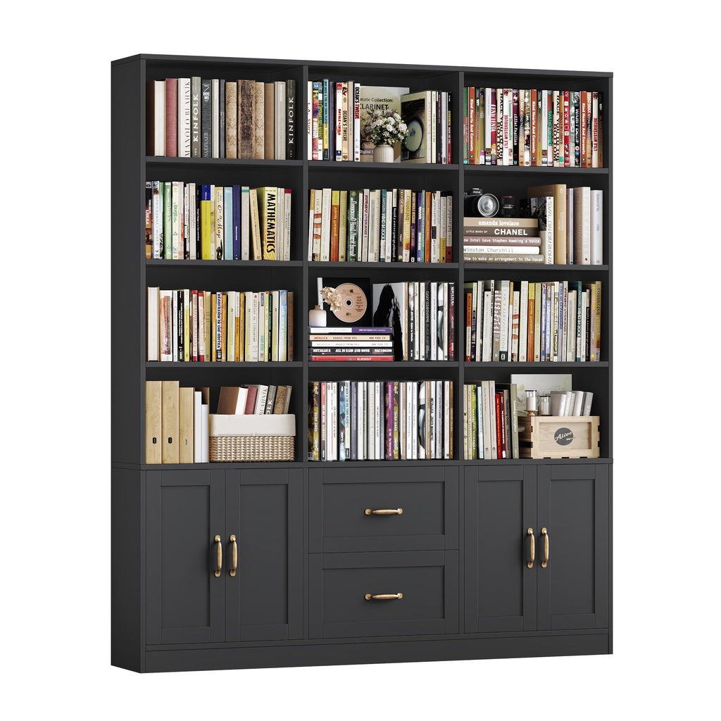 Black Tall Bookshelf with Storage Drawers & Doors E809
