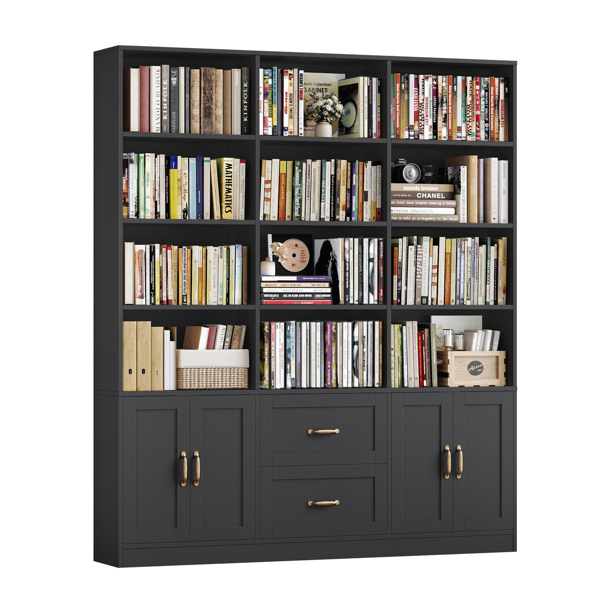 Black Tall Bookshelf with Storage Drawers & Doors E809