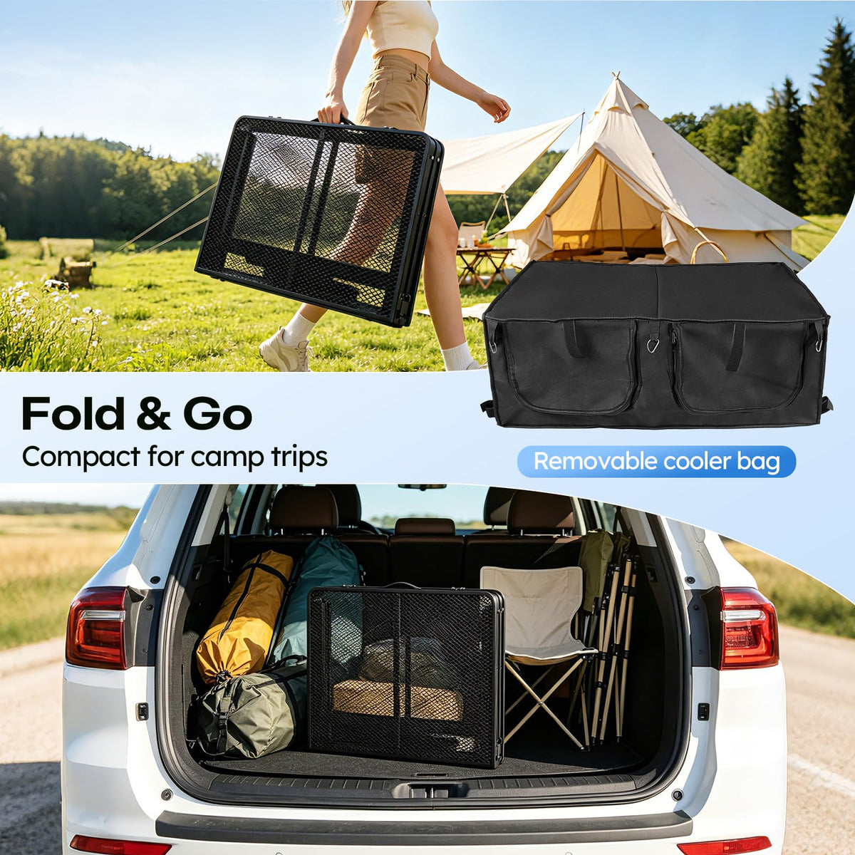Folding Camping Table with Storage and Cooler Bag W9103