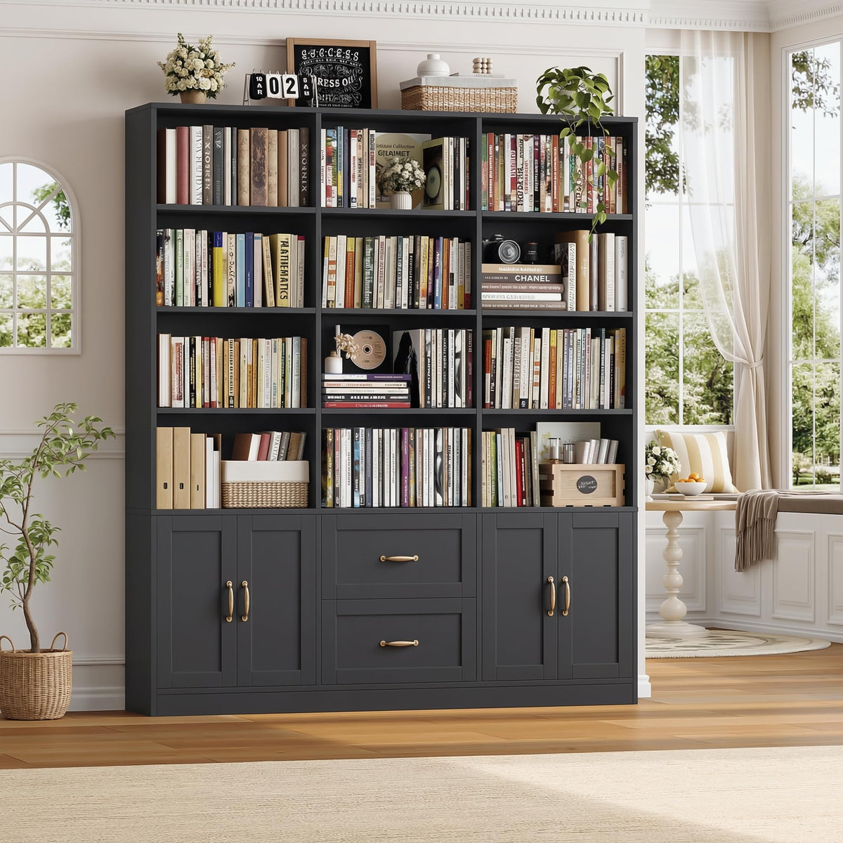 Black Tall Bookshelf with Storage Drawers & Doors E809