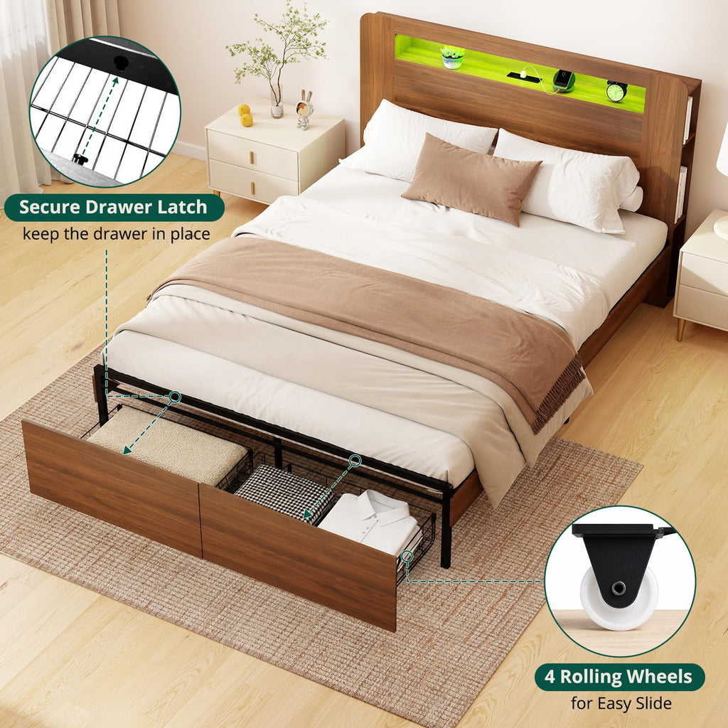 Wood Bed Frame Full with 2 Storage Drawers O596374