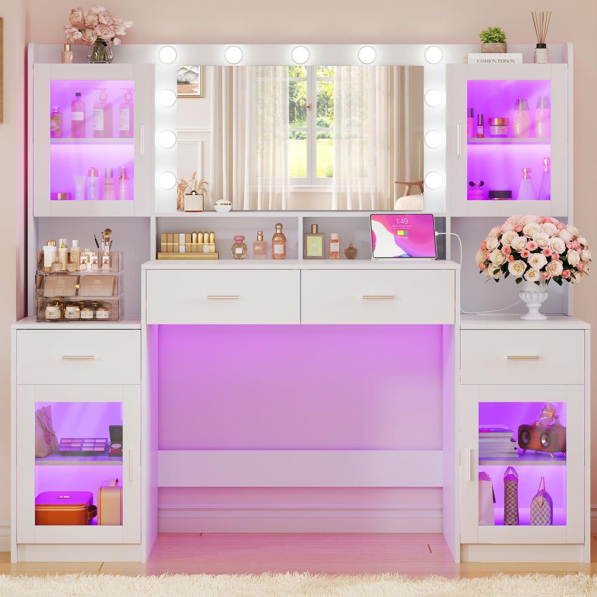 Large White Vanity Desk with Mirror and Lights L27004