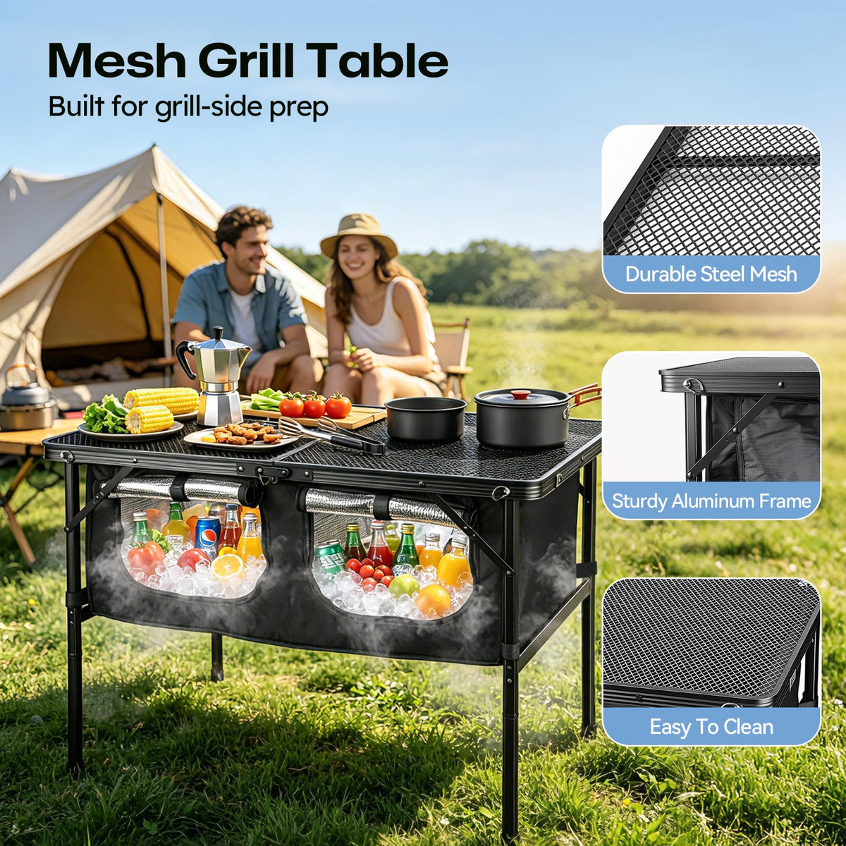 Folding Camping Table with Storage and Cooler Bag W9103