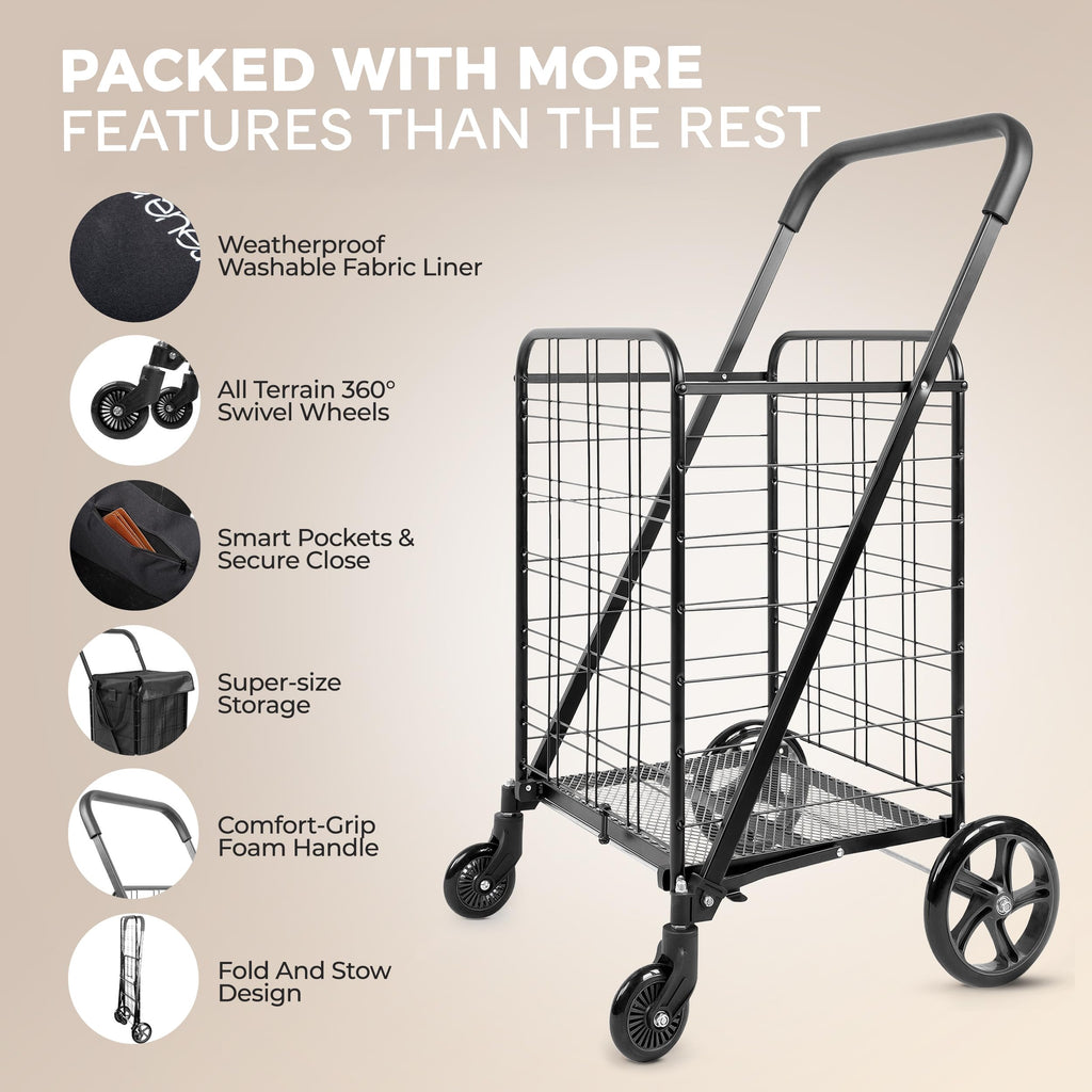 Large Folding Utility Shopping Cart with Removable Liner, 110 lb Capacity, Black H228