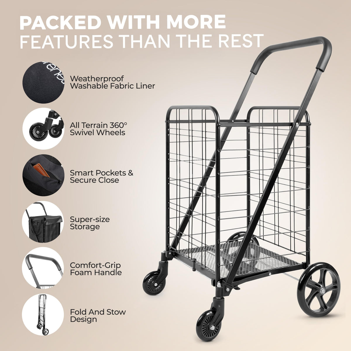 Large Folding Utility Shopping Cart with Removable Liner, 110 lb Capacity, Black H228