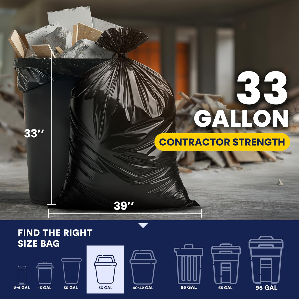 33 Gallon 3.0 Mil Black Heavy Duty Trash Bags 50 Count Z5708