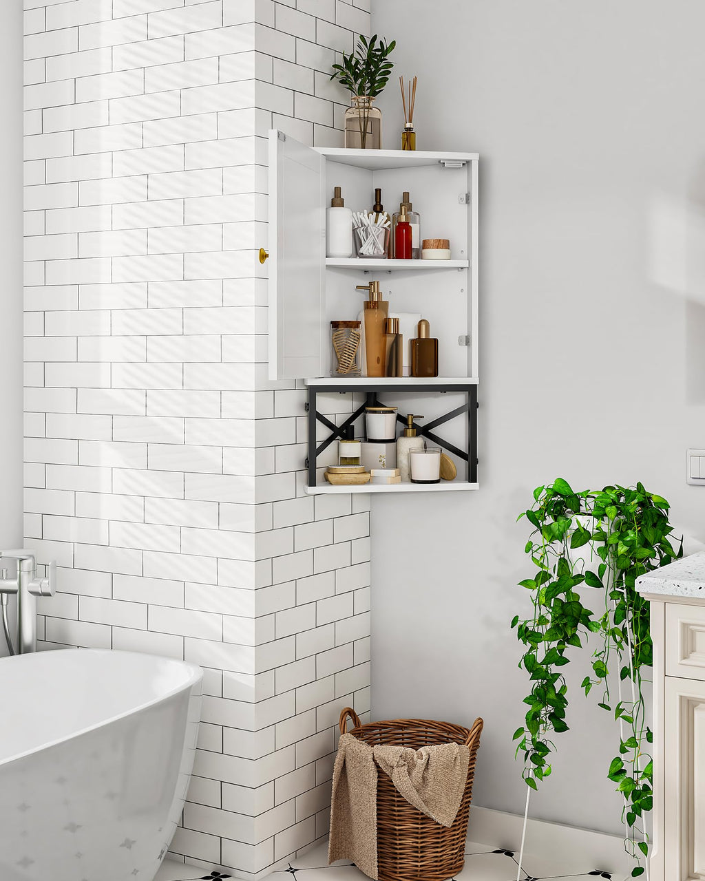 White and Black Corner Wall Cabinet with Adjustable Shelf F838