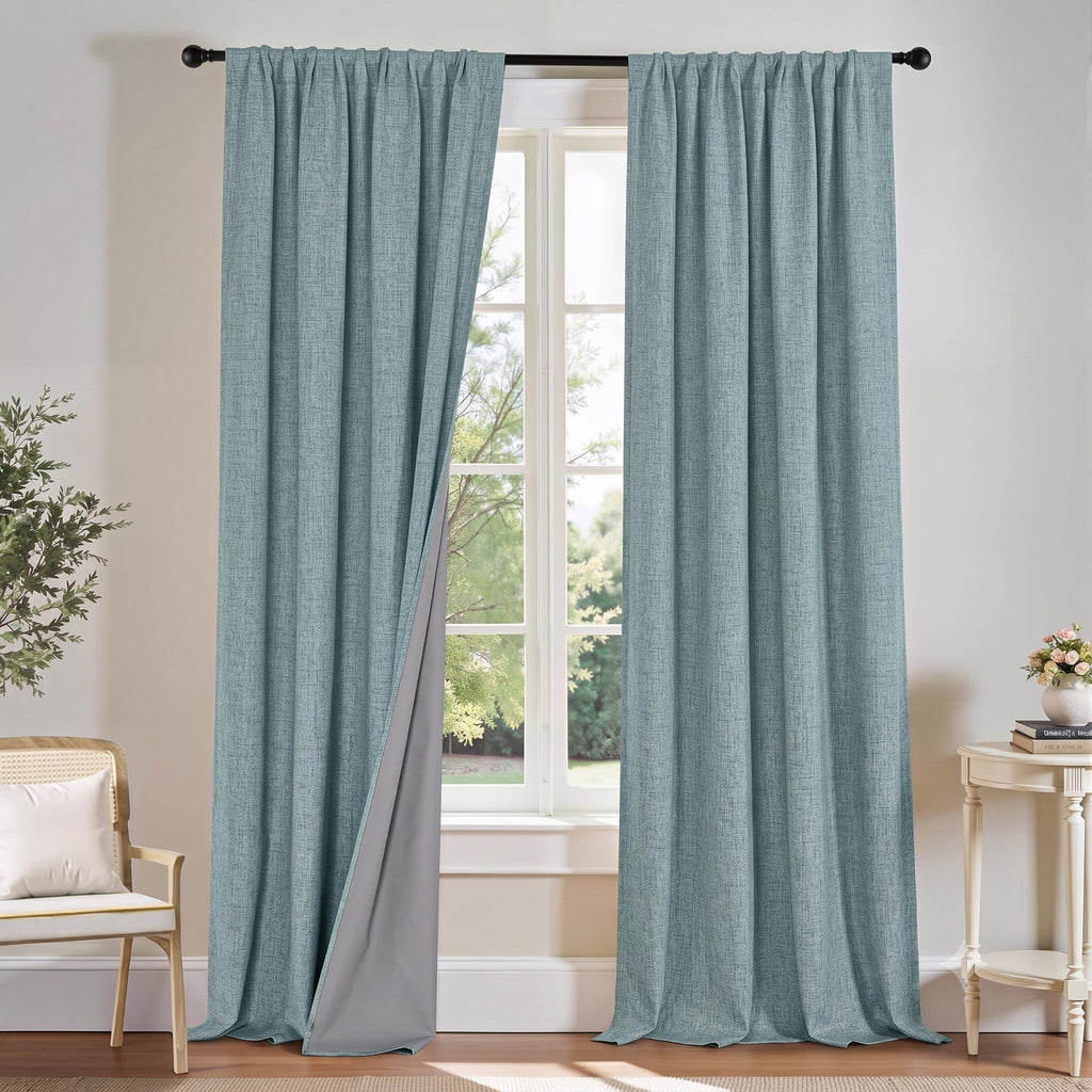 Teal Natural Linen Blackout Curtains 84 inch 2 Panels Set D946503